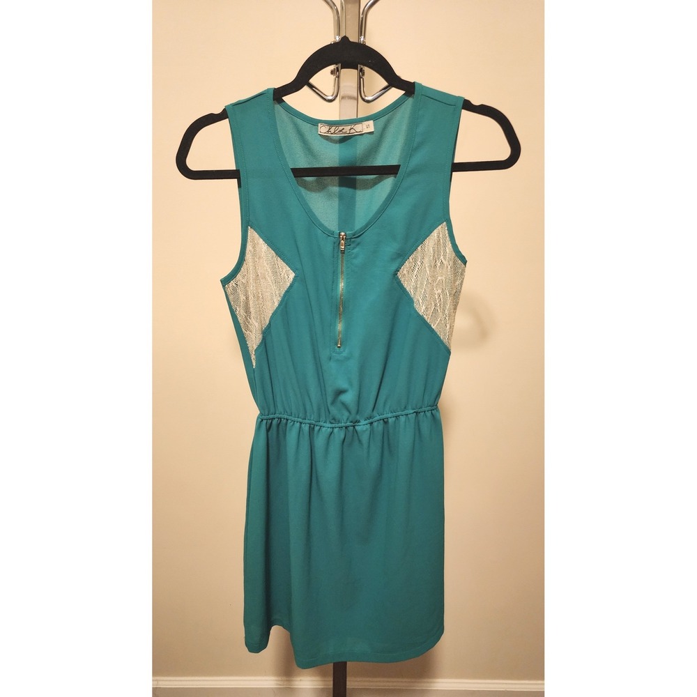 Chloe K Womens Teal Green Lace Inset Half Zip Sleeveless Mini Dress Size S - Picture 2 of 7